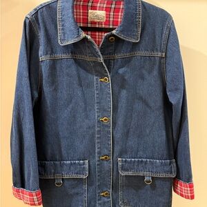 Vintage Women's Blue Denim Jacket with Red Plaid Lining